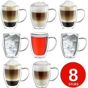 Hakal - Dubbelwandige glazen met oortje - set van 8 x 350 ml - Thermoglazen - Glazen voor thee, koffie, Latte Macchiato en cappuccino