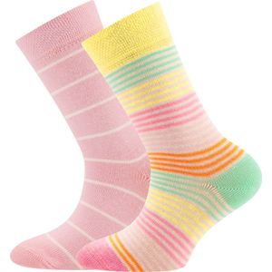 2-Pack Kindersokken Ewers - Set van 2 paar - Roze Gestreept en Multicolour Streepjes-23/26