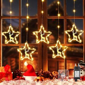 Lichtgordijn met sterren - kerstdecoratie - raam met rendier - 94 leds - kerstverlichting - raam - stroom met timer - 8 modi - voor binnen en buiten - Kerstmis - raamdecoratie - feest - bruiloft