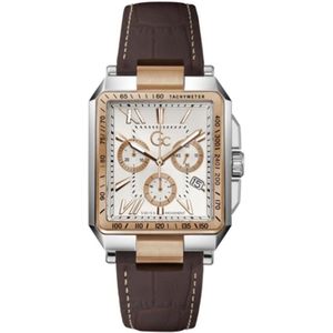 GC Heren Horloge Z06002G1MF Staal Bi-color Swiss Made Quartz Vierkant met Bruin Leren Horlogeband