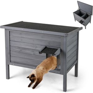 Winterbestendig Kattenhuis van Hout – Geïsoleerd Kattenhok met PVC-Deur, Dak & Scheidingswand – Voor Binnen en Buiten – 88 x 55 x 69 cm – Grijs