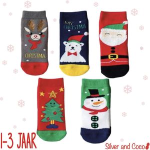 SilverAndCoco® - 5 Paar Kinder Kerstsokken 1 2 3 Jaar / Vrolijke Happy Kerst Sokken Kerstman Rendier / Leuke Grappige Dikke Warme Huissokken Kerstcadeau kinderen / Wintersokken jongens meisjes Kleding Cadeautje Kind - Sokjes