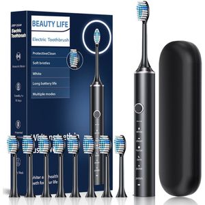 Sonic Elektrische Tandenborstel - 8 Opzetborstels - 5 Modi - Slimme Timer - IPX7 Waterdicht - Voor Volwassenen & Kinderen 12+ - Zwart - Inclusief Reisetui - 1 Set​