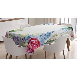Bloemen tafelkleed, lila lente lavendel, onderhoudsvriendelijk met de modernste druktechnologie, wasbaar en gepersonaliseerd, 140 x 200 cm, wit lichtblauw roze