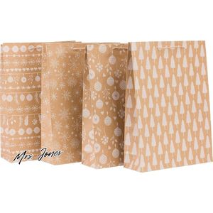 Mrs. Jones Premium Collection Cadeautasjes Kerst - Kraftpapier - Naturel/Wit - 12 stuks - 25x34x8 cm - Scandi look .
