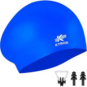 Kyrox Siliconen Badmuts - Unisex - Inclusief Zwem Oordopjes & Neusklem - Badmutsen voor Dames & Heren - Waterdicht en Elastisch - Swimming Cap - Blauw