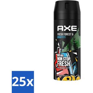 25 x Axe - Deodorant Bodyspray - 48hrs Fresh - Fresh Forest & Graffiti - 150 ml - Teak - Patchouli - Aluminium Verpakking - Duurzaam