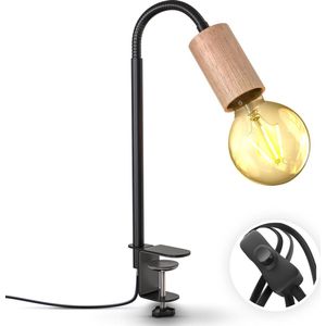 B.K.Licht - Klemlampen met E27 fitting - LED - zwart en hout - draaibar - aan/uit schakelaar - netstroom - bureaulamp - tafellamp - excl. lichtbron