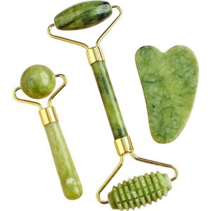 S&E 3-delige Jade Gezichtsmassage Set – Jade Roller & Gua Sha - Groen