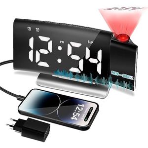 Wekker met projector voor het nachtkastje, 180° draaibaar, digitale wekker met instelbare helderheid, wekker met projector, 12/24 uur, led-display, dubbel alarm, sluimerfunctie, FM-radio