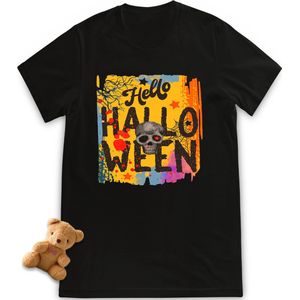 T shirt jongens en meisjes 'Hello Halloween' -  Halloween tshirt voor kinderen - Maten: 92 t/tm 164 - T-shirt kleur: zwart.