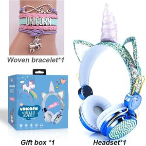 Unicorn Koptelefoon- bleutooth - Met armbandje - Prachtig blauw – Glitter- Headset Eenhoorn – Eenhoorn -Meisjes-
