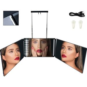 Auptiz 3-Weg Spiegel, Trifold Make-Upspiegel met Houders, Opvouwbare Spiegel, in Hoogte Verstelbaar, met Ledlicht Instelbare Helderheid, voor Make-Up, Kapsels, Scheerspiegel- USB-Aangedreven
