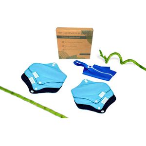 Set van 6: Bamboe Wasbaar Maandverband/Wasbare Inlegkruisjes (BLAUW) met bijpassend tasje - 6x Small - Ook plasticvrij verpakt! Herbruikbaar maandverband