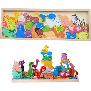 Puzzelen, bouwen en spelen met houten dieren - Jigsaw - Jigsaw puzzel - Bouwen speelgoed – Balansspel - Creatief kinderen - Creatief speelgoed - Safari dieren - Houten speelgoed - Creatief - Bouwen - Houten dieren speelgoed - Blokken - Bouwblokken