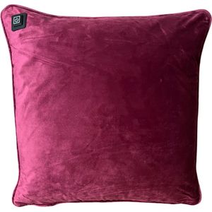 Warmpi® Draadloos Warmtekussen incl. Warmpi® Powerbank (10.000mah)- Fluweel Bordeaux Rood - Elektrisch verwarmd sierkussen met geïntegreerde kabel van 2.5m voor opwarming via stopcontact / USB Poort - 3 standen - Kussen 45x45 cm - Velvet stof / Rood