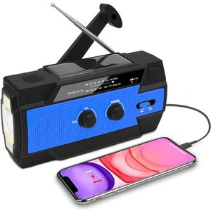Noodradio - Solar Opwindbaar en Batterij - 4000 mAh - Draagbare Survival Radio - Powerbank Zonneenergie - Radio Op Batterijen (Accu) Voor Rampen - Zaklamp - Blauw