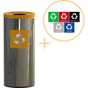 Alda Eco Prestige Bin, Prullenbak - 45L - RVS Geel - Afvalscheiding Prullenbakken - Gemakkelijk Afval Scheiden – Recyclen - Afvalemmer - Vuilnisbak voor huishouden en kantoor - Afvalbakken - Inclusief 5-delige Stickerset