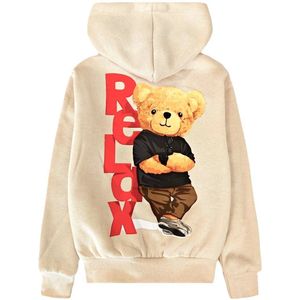 Kinder vest met beer - Jongens & Meisjes - Hoodie – Maat 134/140 – Crème - 65% Katoen - Capuchon - Bear - beren - Sweatvest - Relax - Chill - Offwhite