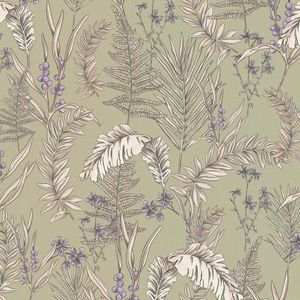 Bloemen behang Profhome 394343-GU vliesbehang hardvinyl warmdruk in reliëf licht gestructureerd met bloemmotief mat grijs crèmewit paars violet 5,33 m2