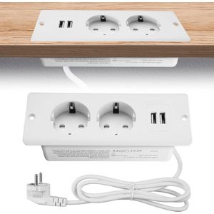 Inklapbaar tafelstopcontact met 2 stopcontacten, 2 USB en 1.5m kabel - voor werkblad en vergadertafel (wit)