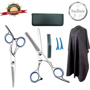 Demiracle Professionele Kappersset inclusief Premium Kapmantel – Salonkwaliteit – Zilveren scharen – Leren Etui – Kapper – Knipschaar – Effileerschaar – Uitdunschaar – Kappersschort -  Ergonomisch