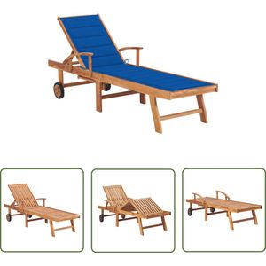 vidaXL Teak Hout - Ligbed - Ligbed met koningsblauw kussen massief teakhout - Lounge Stoel - Buitendecoratie - Tuinset