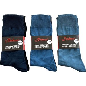Belucci 100% katoenen heren sokken set van 9 paar assorti jeans kleuren en zwart maat 39/42