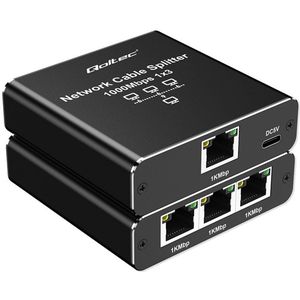 Qoltec Ethernet Gigabit Netwerksplitter | 1 Naar 3 | 1000 Mbps Internet | Ethernet Switch Met USB-C Voedingspoort | Netwerk splitter | Zwart