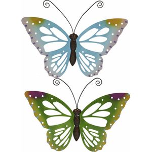 Set van 2x stuks tuindecoratie muur/wand/schutting vlinders van metaal in groen en blauw tinten 51 x 38 cm