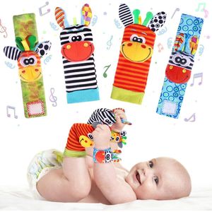 Set van 4 - Baby polsbandjes sokkenset - Cartoon dieren rammelsokken - Baby polsbandjes - Babysokken - Babycadeaus, verjaardagscadeaus, kerstcadeaus - Geschikt voor baby's van 3-6 maanden