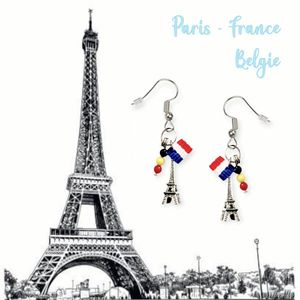 H.A.M.A. - Set oorhangers oorbellen France (paris) & België - Eiffeltoren Le Tricolore F Vlag + Kralen Nationale Vlag BE - Silver Tone - Volwassenen Jeugd Kinderen - Vrouwen Meisjes - Casual