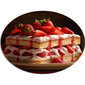 PVC Schuimplaat Ovaal - Eten - Cake - Fruit - Aardbeien - Bord - Lepel - 80x60 cm Foto op Ovaal (Met Ophangsysteem)