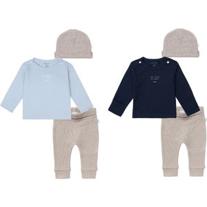 Noppies - Tweeling Jongens kledingset - 6delig - Broek Naura taupe - Shirt Neisse lichtblauw - Donkerblauw - Muts Nevel taupe - Maat 44