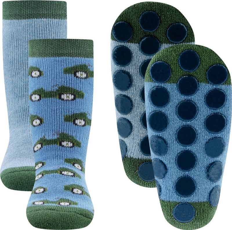 Ewers Antislipsok - 2-Pack - Groene Raceauto's & Lichtblauw Effen - Blauw & Groen - Antislipnopjes - maat 17/18