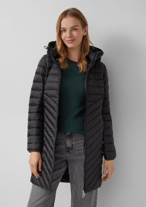 s.Oliver - Wintermantel - Zwart - Gewatteerde Jas - Capuchon met Trekkoord