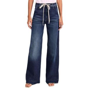 Dames jeans met trekkoord, hoge taille, losse pasvorm, wijde pijpen, rechte, baggy, trendy denim broek met zakken