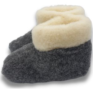 wollen sloffen 100% wol pantoffels - zwart met witte kraag - hoog model- maat 40