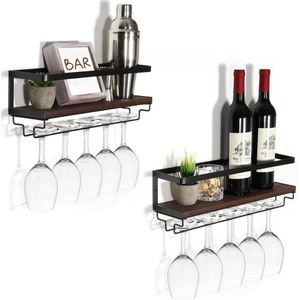 Zylo®Wijnrek Muur - Wijnrek - Hangend - Set van 2 Wijnglasplanken - 12x43x13cm - Zwart