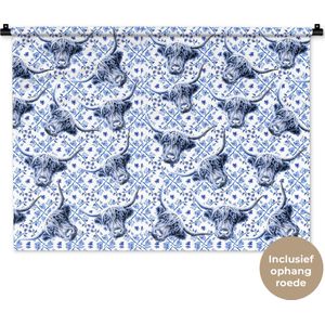 Wandkleed - Wanddoek - Delfts blauw - Schotse hooglander - Dieren - 90x67.5 cm - Wandtapijt