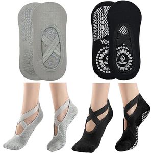2-pack antislip yogasokken, antislip trainingssokken voor dames en meisjes, one size fits all, vloersokken, met antislip bandjes en koordjes, geschikt voor yoga en vloertraining.Zwart + Grijs