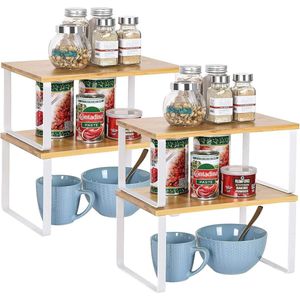Plankinzet in keukenkast, uitbreidbare stapelbare organizer, set met 4 bamboe keukenkasten en toonbankrek, organizer, stapelbaar en uitbreidbaar, wit en natuurlijk