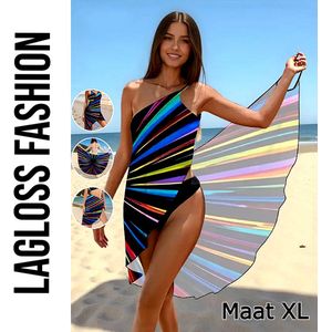 LaGloss® Badpak Blauw met Rood Bloemenmotief – Ronde Hals – Push-up & Verwijderbare Cups –Maat L