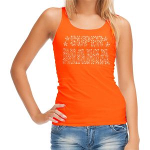 Glitter Super Mama tanktop oranje met steentjes/ rhinestones voor dames - Moederdag cadeaus - Glitter kleding/ foute party outfit XL