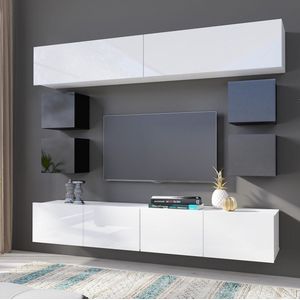 TV-meubel - CALABRINI 16 - Hangmeubel - wit + zwart glans - 210 cm