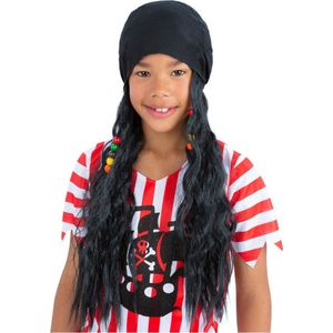 Smiffy's - Piraat & Viking Kostuum - Stoere Bandana Met Zwart Lang Haar Piraat Goudzoek Kind - Zwart - Carnavalskleding - Verkleedkleding