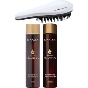 L'Anza - Healing Oil Set - Lustrous Shampoo + Conditioner + KG Ontwarborstel - Beschadigd Haar Pakket