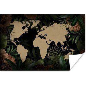Wanddecoratie - Wereldkaart - Bladeren - Tropische Planten - 60x40 cm - Poster