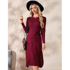 Dames Gebreide Jurk Winter Lange Mouw Trui Jurk Feestelijke Elegante Wikkeljurk Knielange Winterjurk Met Riem Claret S