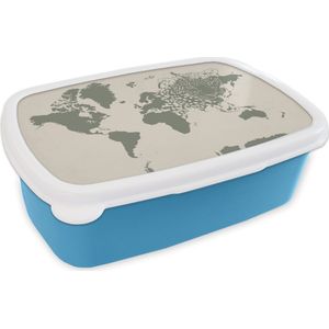 Broodtrommel Blauw - Lunchbox - Brooddoos - Wereldkaart -Dieren - Luipaard - 18x12x6 cm - Kinderen - Jongen